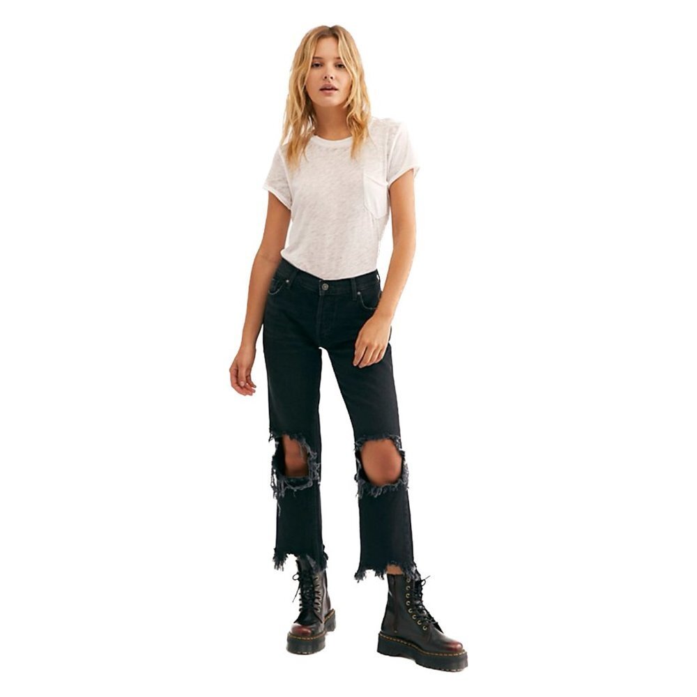 FREE PEOPLE Maggie Mid-Rise Straight-Leg‎ Jeans - Washed Black - Size 26